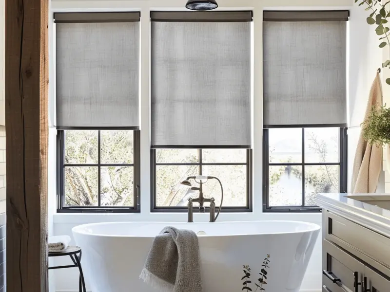 Gray roller shades above a freestanding bathtub
