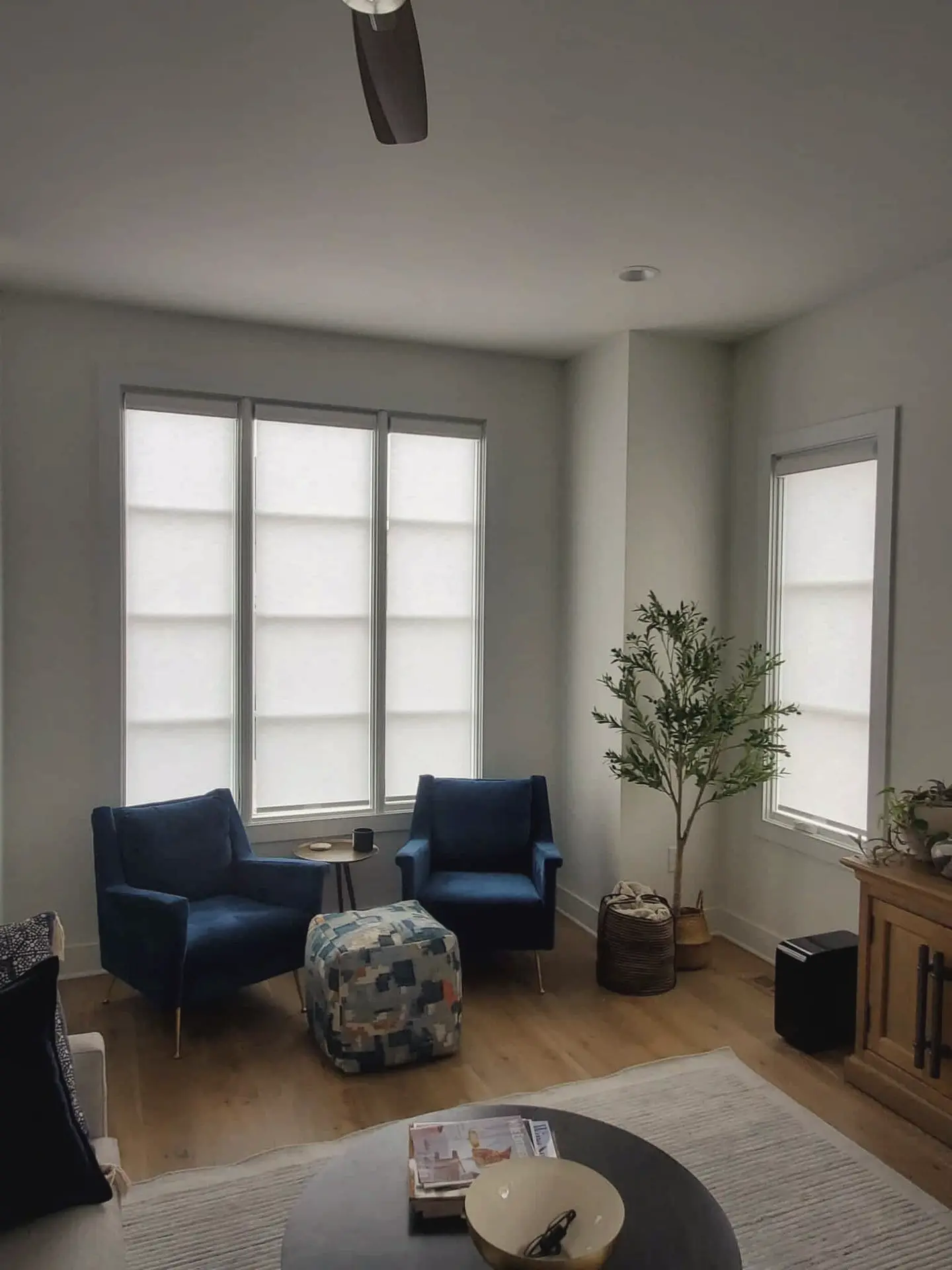 White cellular shades on tall living room windows