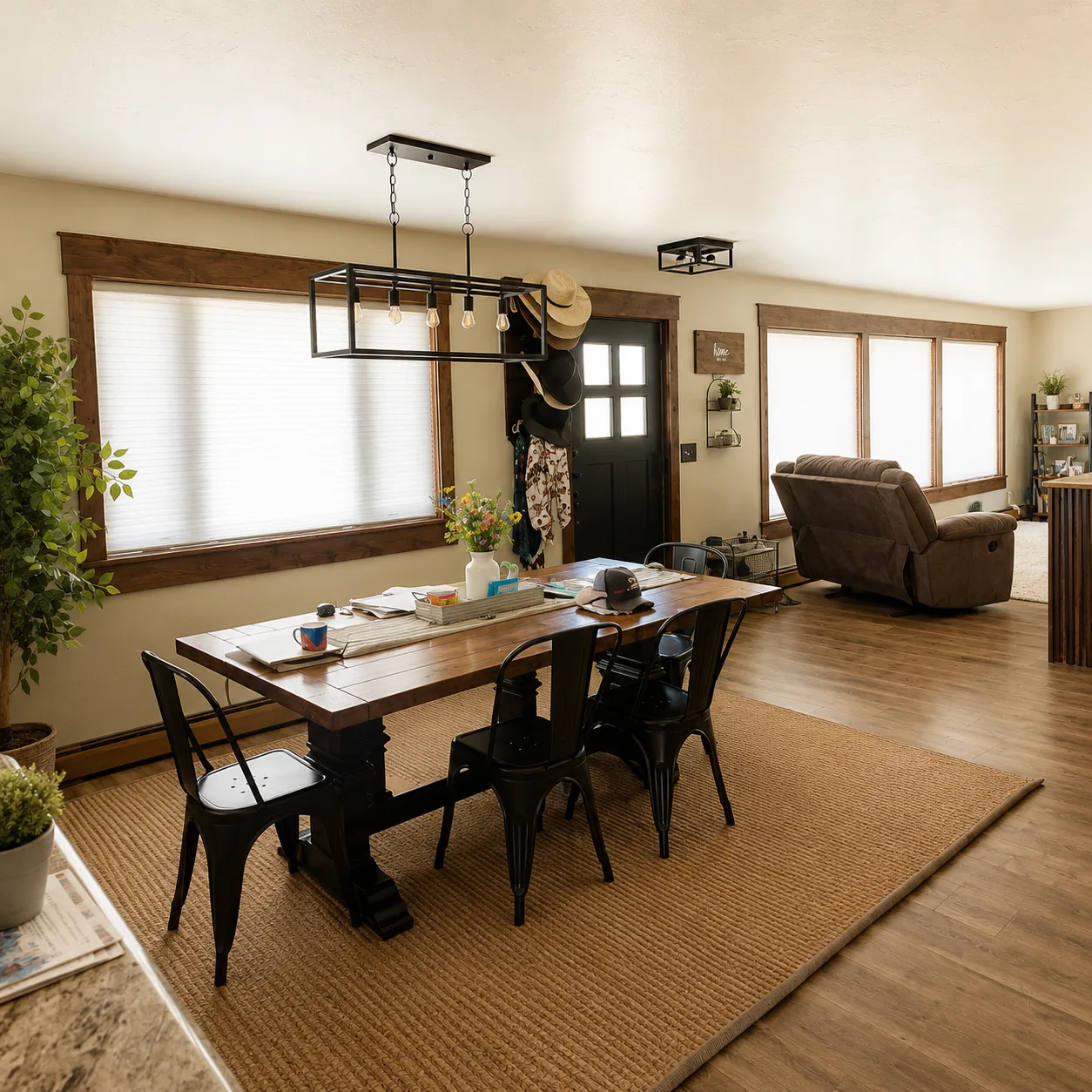 White cellular shades across an open-plan dining and living room