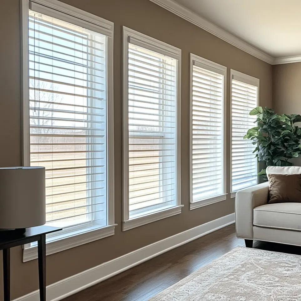 Faux wood blinds across tall living room windows