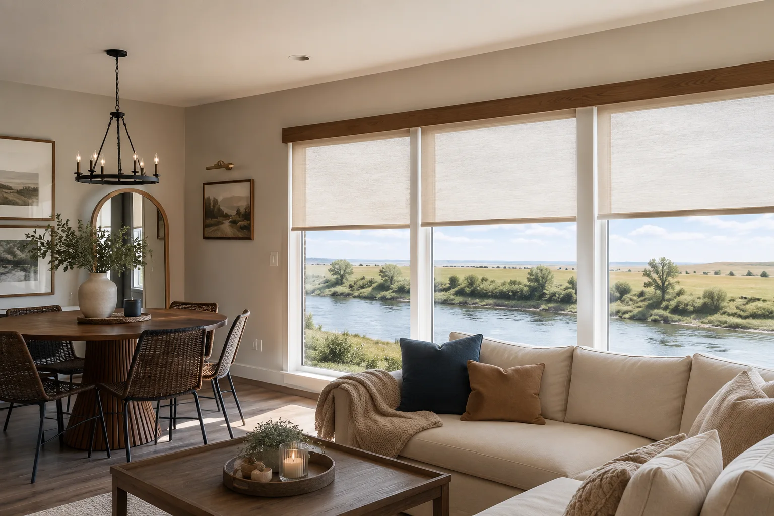 Custom roller shades in a warm living and dining room overlooking a Montana river